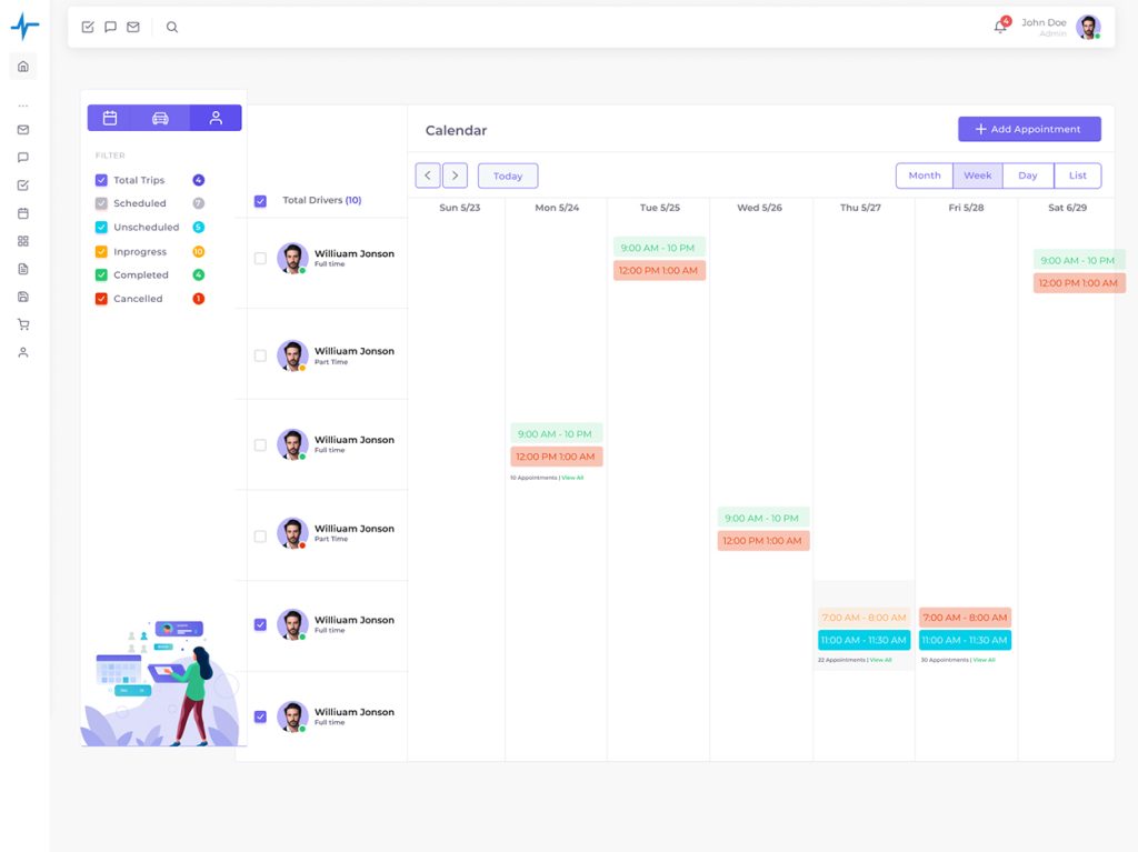 Dashboard interface of NEMT Cloud Dispatch software displaying a calendar with scheduled appointments, driver details, and filtering options for non-emergency medical transportation management.