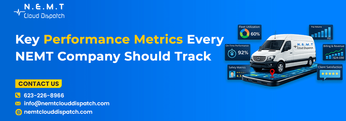 Dashboard showing NEMT performance metrics including trip completion, fleet utilization, and driver productivity