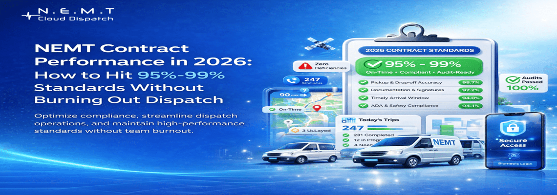 NEMT dispatch team reviewing contract performance metrics and on-time trip standards in 2026