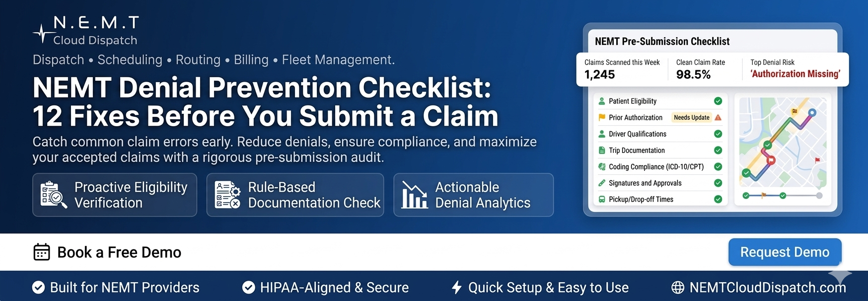 NEMT claim denials checklist showing billing review, trip documentation, and claim submission fixes
