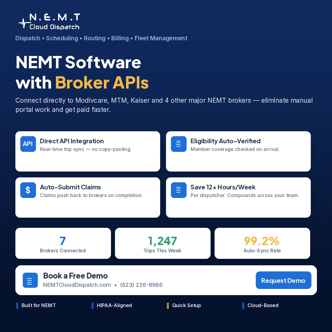 NEMT Cloud Dispatch broker integration hub — Modivcare, MTM, Kaiser, VectorCare, Access2Care, Alivi, HBSS 